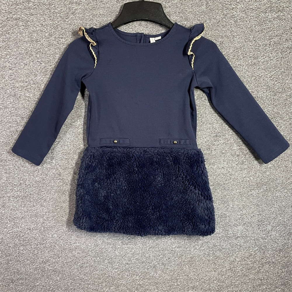 Janie and Jack Navy Blue Faux Fur Ruffle Shoulder Long Sleeve Dress Kids Size 6